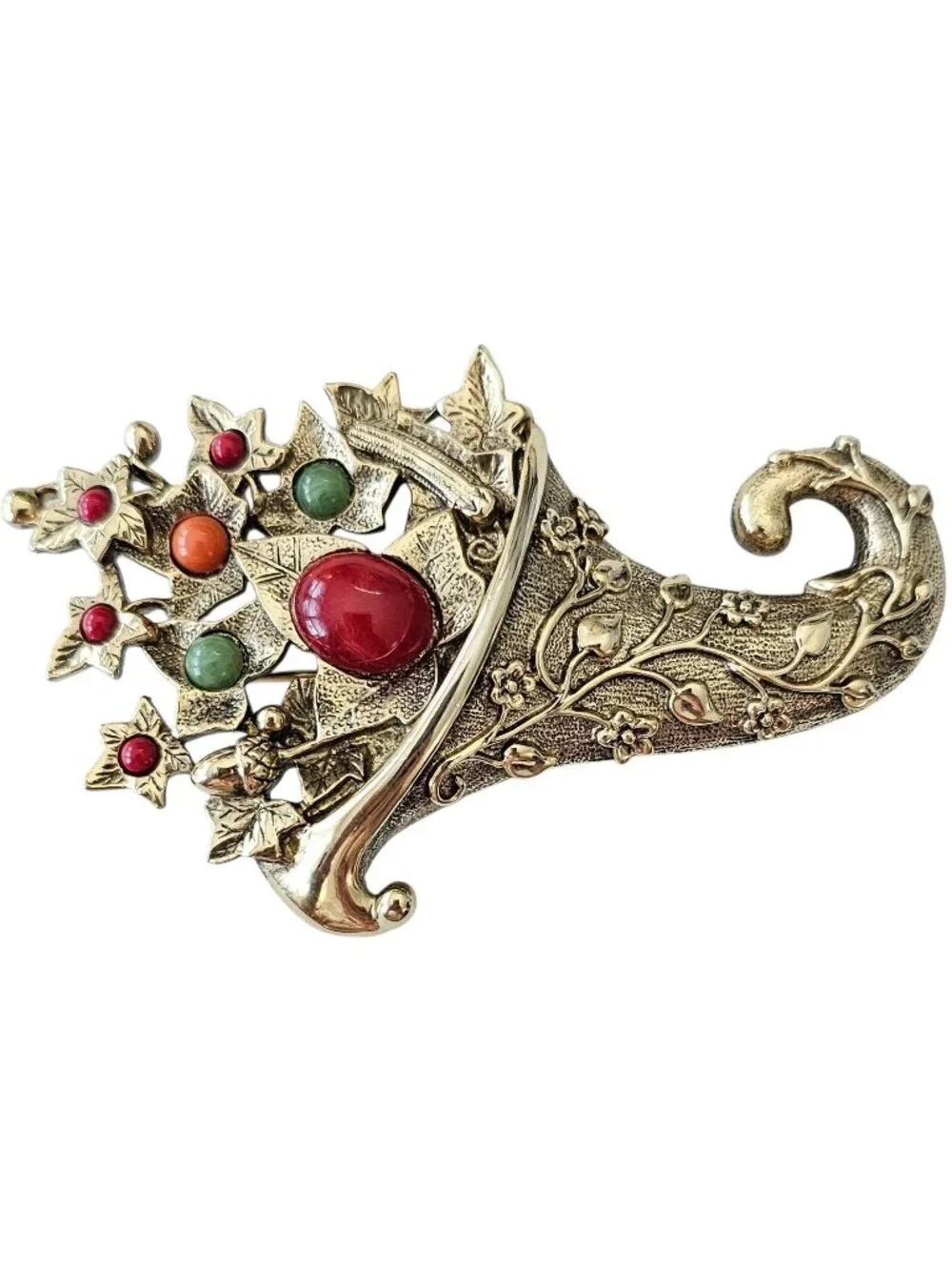 1928 Brand Autumn Leaves Fall Cornucopia Brooch Lucite Cabochon Pin, J38